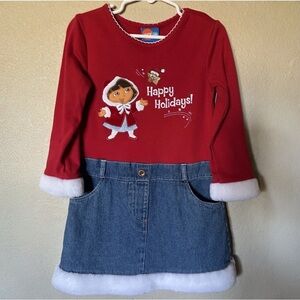 Vintage 2006 Dora the Explorer Holiday Dress Faux Fur Denim Nick Jr Christmas